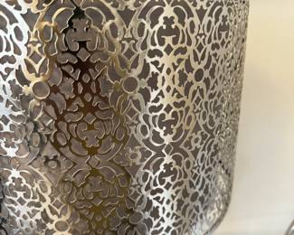 15) $60 -Silver lamp with metal overlay shade over gray shade. 15" x 15" x 25".