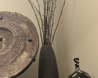 30) $75 - Home decor grouping of three items. For reference the round disk piece measures 45 inches tall by 32 inches wide.