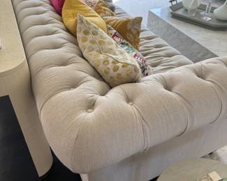 28) $950 - restoration hardware Almond colored upholstered sofa. 94" x 43". Seat depth is 31". Seat height is 17". Arm height is 30".