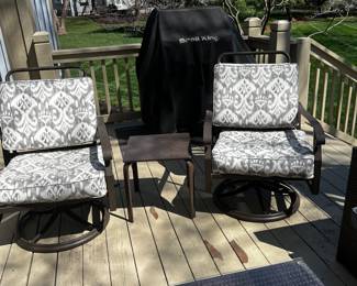 #101)  - $300 - Set of 2 round swivel chairs with grey/white cushions and the center accent table.