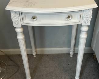 19) $25 - White night stand with one drawer. Black marks on the top. 20" x 18" x 29".