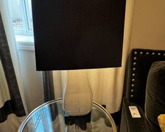 8) $60 - White ceramic lamp with black square shade. Shade measures 12" x 12". Base of lamp measures 6" x 6" and is 26" tall.