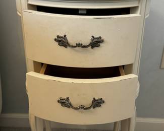 18) $60 - Two drawer almond colored distressed end table from Restoration Hardware. 16" x 12" x 27".