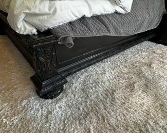 9) $950 - King size bed from Restoration Hardware. Black painted carved wood. (Bedding not included). 80" x 96". Height of headboard is 82".
