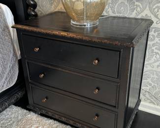 10) $375 - Set of two black painted wood night stands from Restoration Hardware. 32" x 19" x 30. Carved wood details on the edges.
