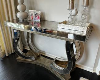 13) $375 - Mirrored sofa table with an aged mirror look on top. 58" x 20" x 34".