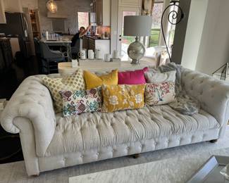 28) $950 - Restoration Hardware Almond colored upholstered sofa. 94" x 43". Seat depth is 31". Seat height is 17". Arm height is 30".