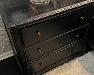 10) $375 - Set of two black painted wood night stands from Restoration Hardware. 32" x 19" x 30. Carved wood details on the edges.