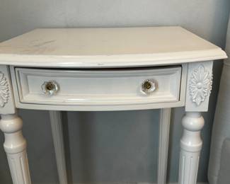 19) $25 - White night stand with one drawer. Black marks on the top. 20" x 18" x 29".