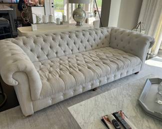 28) $950 - Restoration hardware Almond colored upholstered sofa. 94" x 43". Seat depth is 31". Seat height is 17". Arm height is 30".