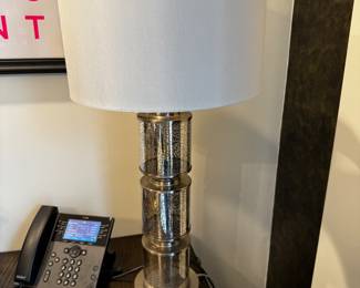 24) $65 - Silver glass lamp with white shade. 6" x 6" base. 30" tall.