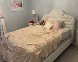 17) White stuffed full size bed and frame. 54" x 81" x 54".