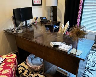 21) $100 - L-shaped handmade office desk. Rough finish on top. 74" x 66" x 28".