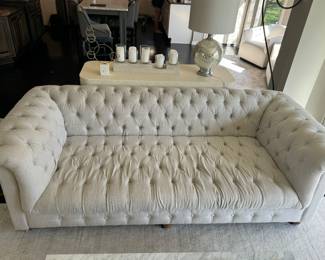 28) $950 - restoration hardware Almond colored upholstered sofa. 94" x 43". Seat depth is 31". Seat height is 17". Arm height is 30".