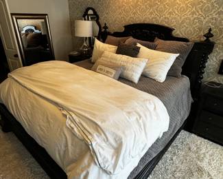 9) $950 - King size bed from Restoration Hardware. Black painted carved wood. (Bedding not included). 80" x 96". Height of headboard is 82".