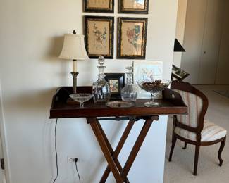 English mahogany tray on stand                                                              (leather belts being used as tray straps)