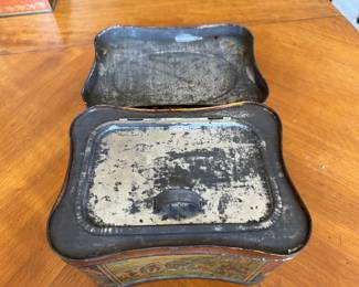 Antique English biscuit tin                                                         5.5"h x 9" long x 7"d 