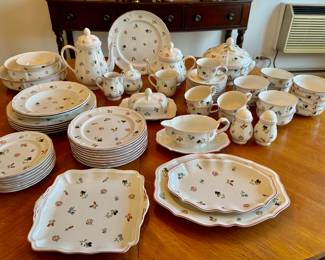 Large set Villeroy & Boch "Petite Fleur" china:  5 dinner plates
2 lg. rimmed soup bowls
8 salad plates
7 bread plates
5 cups
8 saucers
1 mug
3 cereal (?) bowls
5 berry bowls
2 lg. serving bowls
1 rice (?) bowl
butter dish
gravy boat
salt/pepper
sugar/creamer
teapot 
coffee pot
2 small oval platters
square plate 
covered casserole
