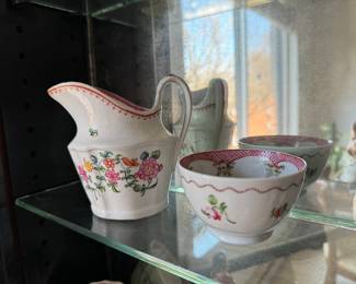 Antique Staffordshire sugar & creamer                                             Creamer 4.25"h     sugar 2'h x 3.25" diameter