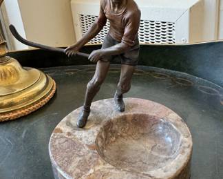 Marble dish with splatter field hockey figure  5"h