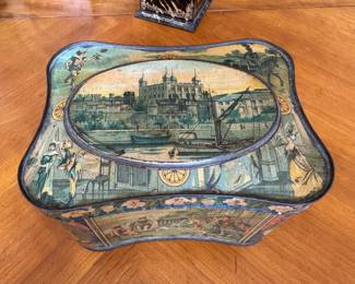 Antique English biscuit tin                                                         5.5"h x 9" long x 7"d 