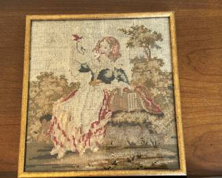 Framed antique needlepoint 11"h x 10"w 
