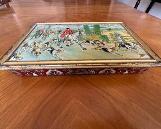 Huntley & Palmers hunt scene biscuit tin                                         2"h x 13.5"w x 8.5" d 