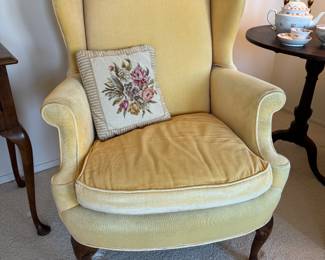 Yellow velvet wing chair                                                                                40"h x 29"w x 34"d