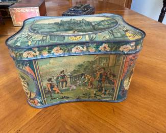 Antique English biscuit tin                                                         5.5"h x 9" long x 7"d 