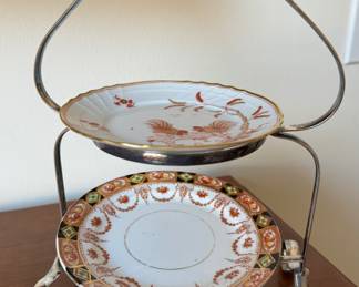 English silver-plated stand with Royal Albert dishes c.1880   11"h x 8"w