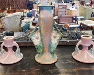 Vintage Roseville Vase & Candlesticks (more pieces)