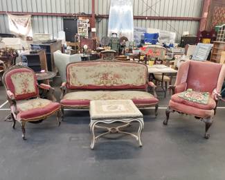 Antique Gesso Louis XV-Style 2-Piece Salon Suite w/ Vintage Queen Anne Wingback Chair; Antique Square Needlepoint Ottoman
