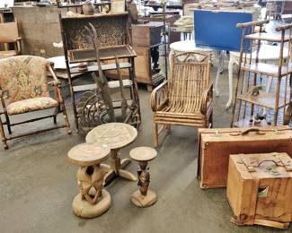 Victorian Bamboo Chairs, Fall-Front Desk, Etagere; Vintage Leather Suitcase; Two African Stools Were Pulled