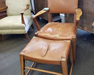 Mid-Century Mission-Style Leathe rArmchair w/  Ottoman
