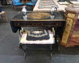 Antique Adam-Style Painted Drop-Leaf Sofa Table w/ Vintage Swan Stool & Danish Silverplae Pitchers