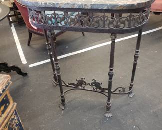 1920s Iron Dolphin Console Table w/ Black Marble Top
