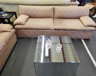 Pair Mid Century Italian Sofas by Flexform;  Pair Mirrored Cube Tables
