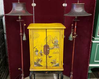 Vintage Yellow Chinoiserie Cabinet w/ Two 1920's Chinese-Style Iron Floor Lamps in front of a Vintage Burgundy Velvet 3 Panel Screen
