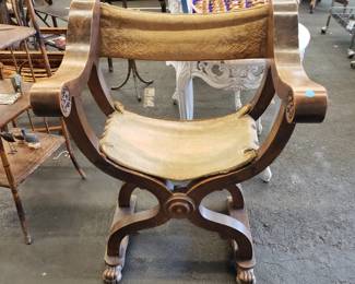 Fine Antique Walnut Savonarola Chair w/ Antique Fabric