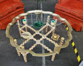 Bleached Barley-Twist Glass-Top Coffee Table w/ Brass Trim