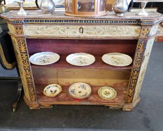Antique Italian Painted Bookcase w/ Vintage Plates