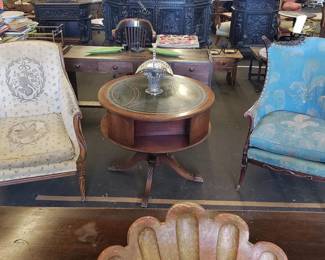 Antique Continental Bergeres w/ a Vintage English Leather-Top Drum Table
