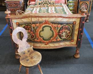 Antique Bavarian Painted Bed w/ Two NIght Stands & an 18th. C. Pine Chair