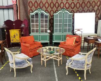 Hollywood Regency Ensemble; Pair of Green China Cabinets; Pair of Rusts Velvet Club Chairs; Pair of Low Louis VX-Style Slipper Chairs; Bleached Barley-Twist Glass-Top Coffee Table w/ Brass Trim; Yellow Chinoiserie Cabinet in Back