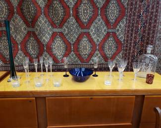 Crystal Stemware; Cobalt Glass Bowl; Antiaue Etched Jug; Antique Bohemian Etched Ruby Glass Glass; Green Tulip Vase