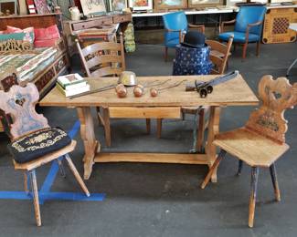 Antique Pine Farm Table w/ Two Antique Bavarian Painted Chairs & Two Ladder Back Side Chairs