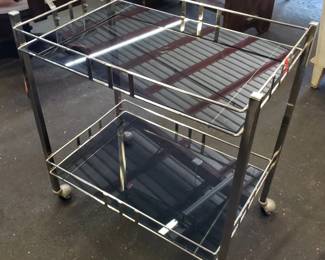 Sleek Mid-Century Chrome and Smokey Glass Bar Cart