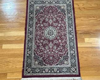 SMALL RED RUG | Small area rug with burgundy backing and cream floral designs and center medallion