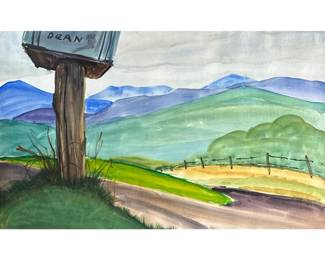 DORIS SMITH “PAT” REYNOLDS | Mailbox on a dirt road Watercolor on strathmore paper 14 x 22.25 (sight) No apparent signature, framed under glass, the back with estate note and “guarantee”