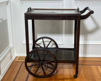 ANTIQUE BAR CART | With removable glass tray top over 2 shelves, 2 large wood turned wheels and metal casters